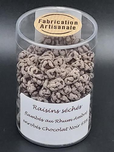 Raisins séchés flambés au Rhum Ambré enrobés Chocolat Noir 69%